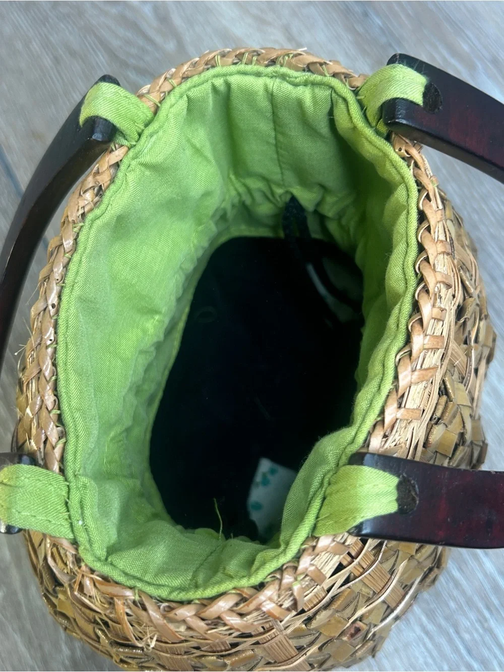 Vintage Straw Basket Handbag Wood Handle Drawstring Floral Lined Boho Beach Tote